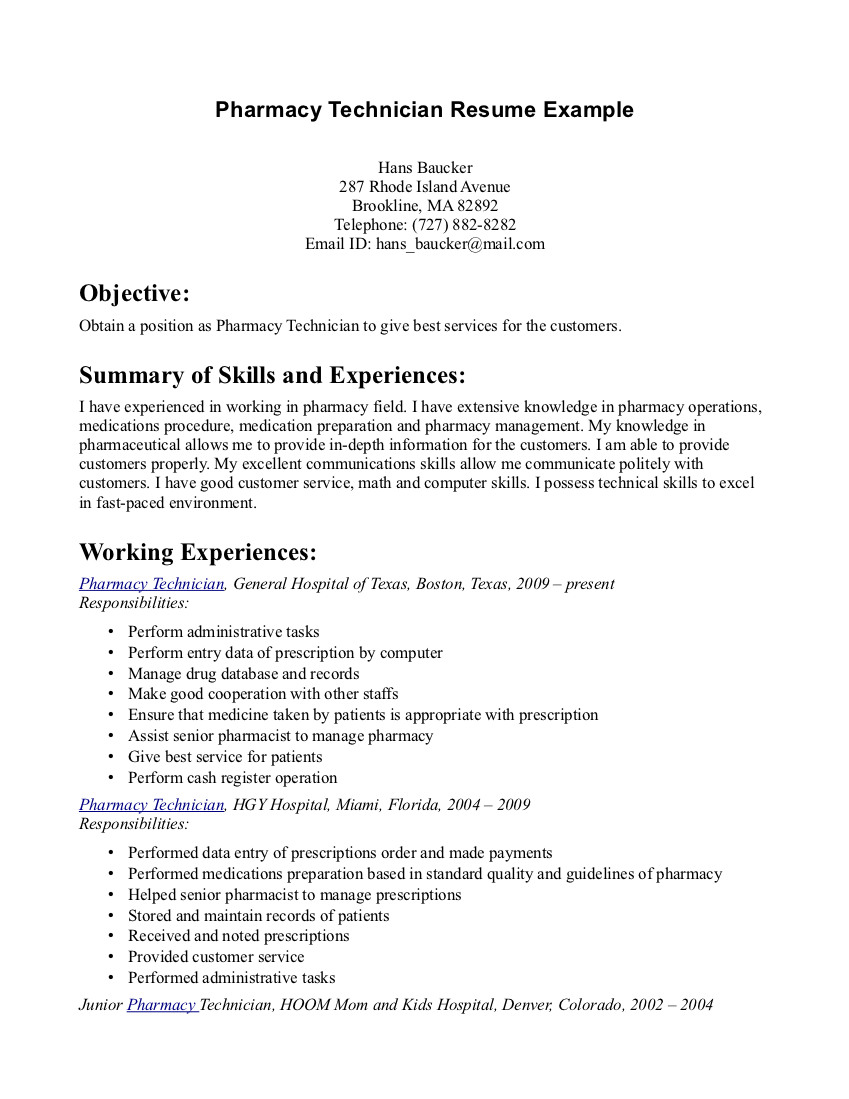 Example of pharmacy tech resume